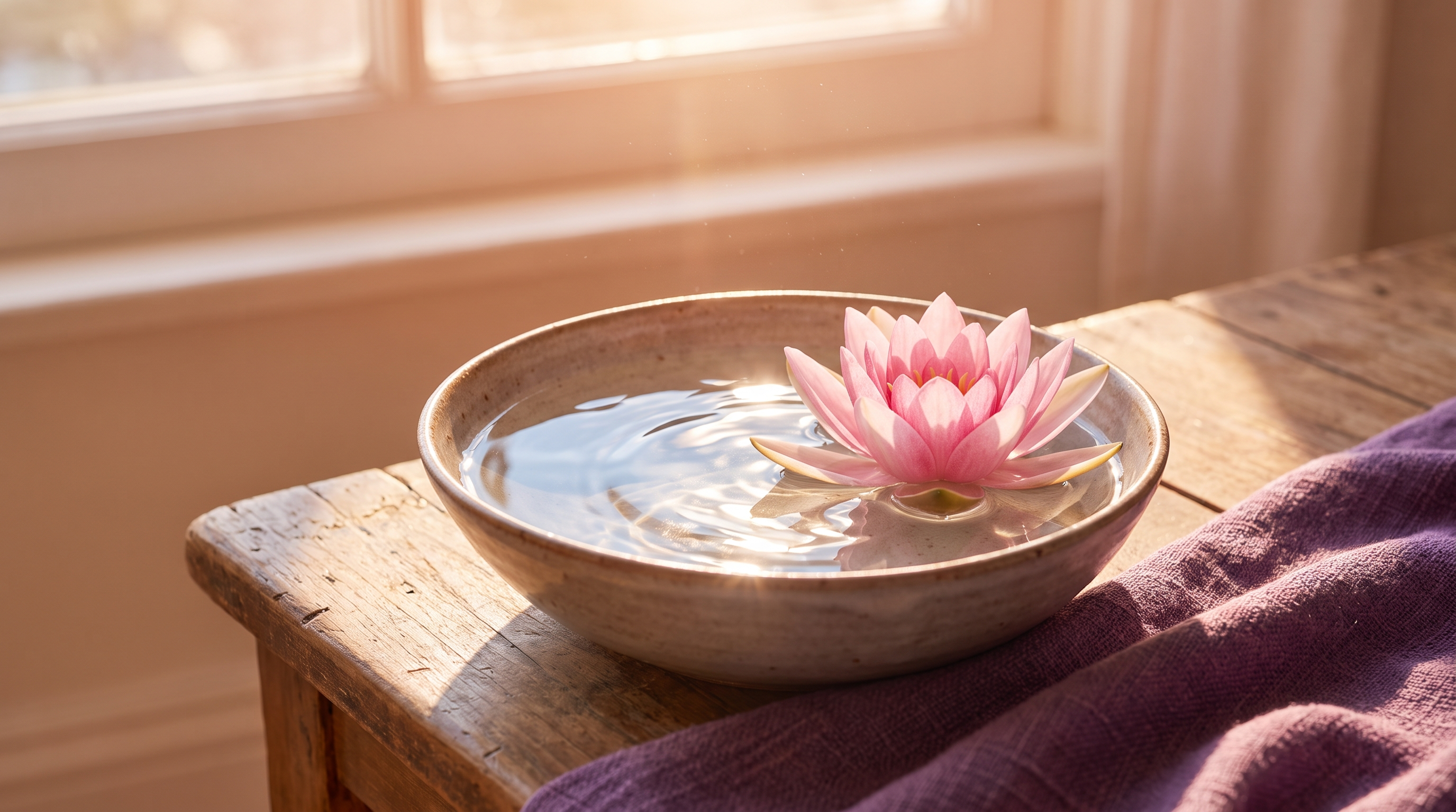 A lotus flower floating in a shallow bowl of water