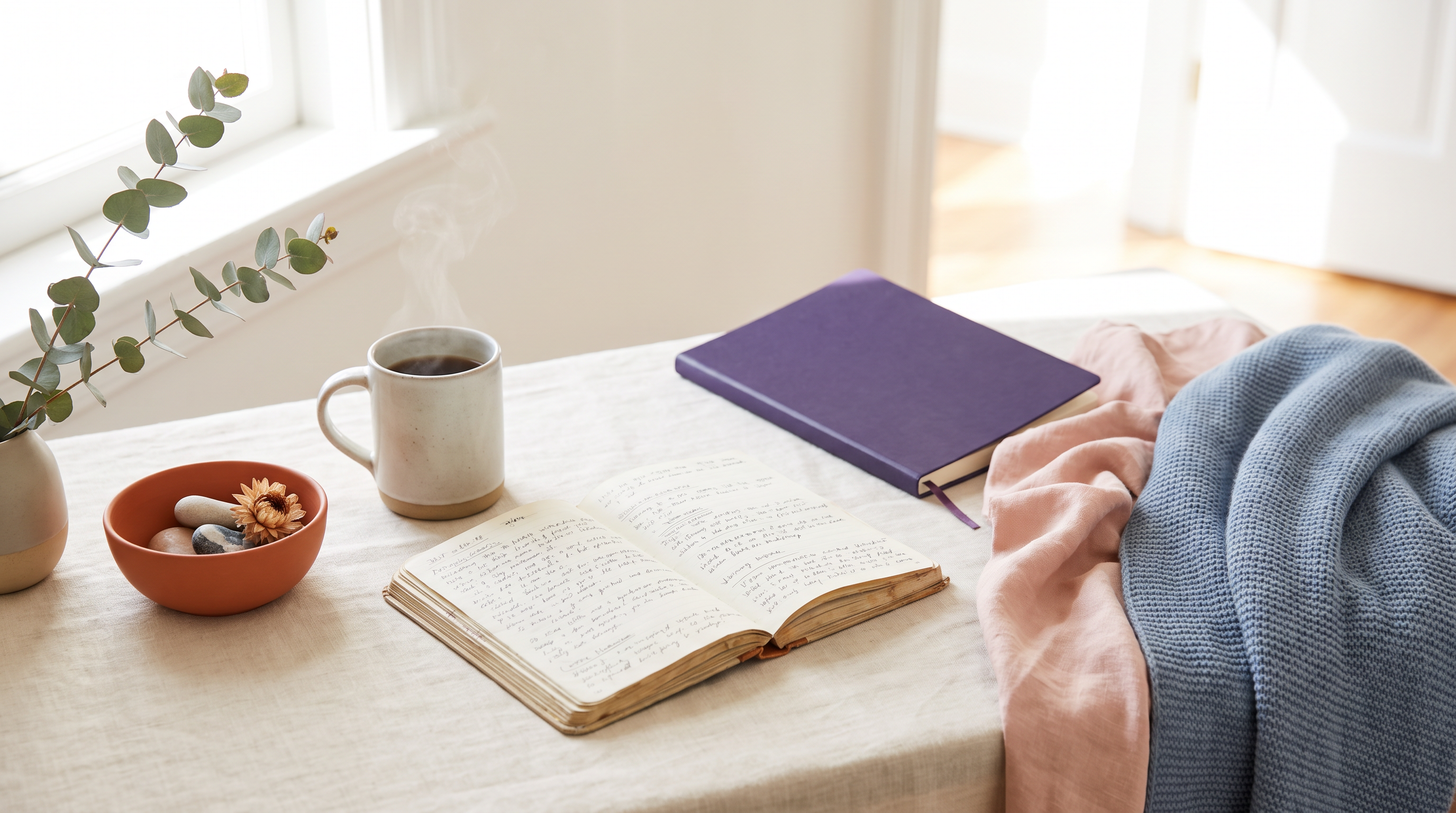 A warm flatlay of a journal, tea, and greenery on linen